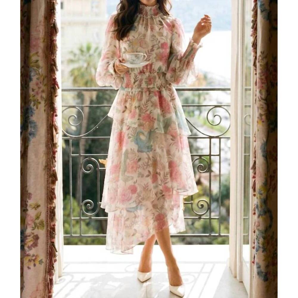 NEW STRAWBERRY PARIS orchid asymmetrical maxi dress in ivory heron print